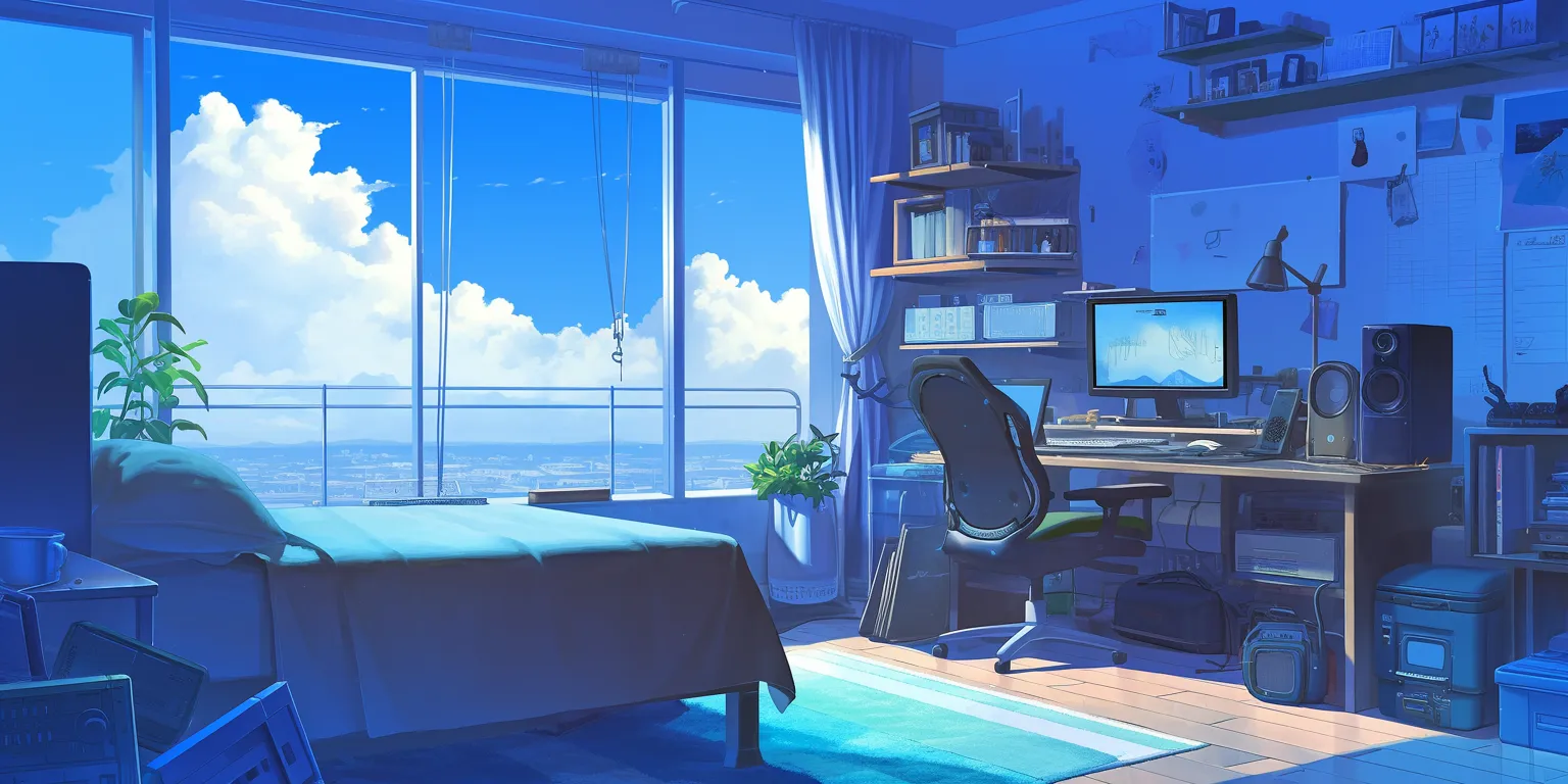 anime bedroom background lofi, room, ocean, windows, backgrounds