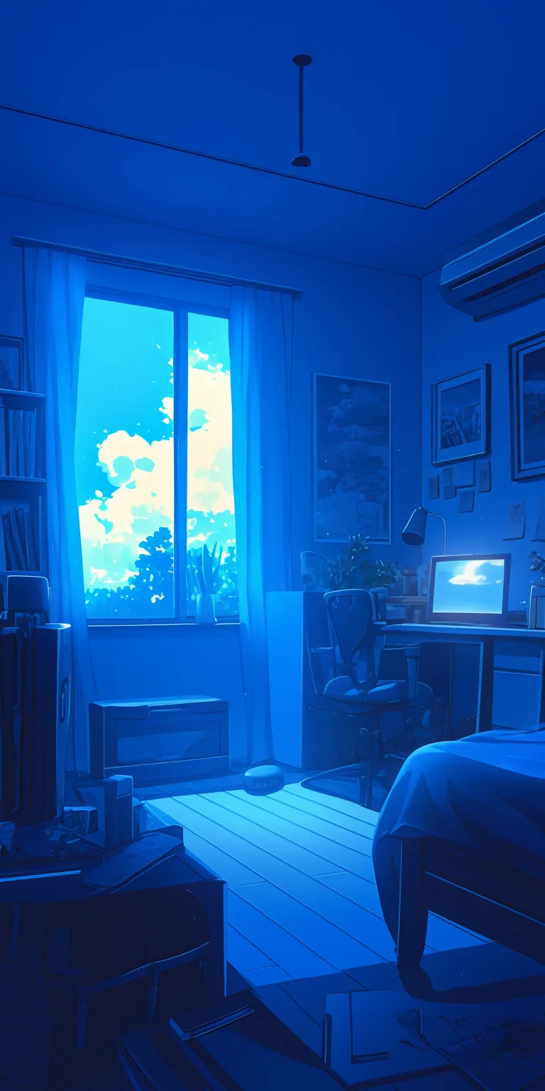 anime room background lofi, room, bedroom, blue, vaporwave