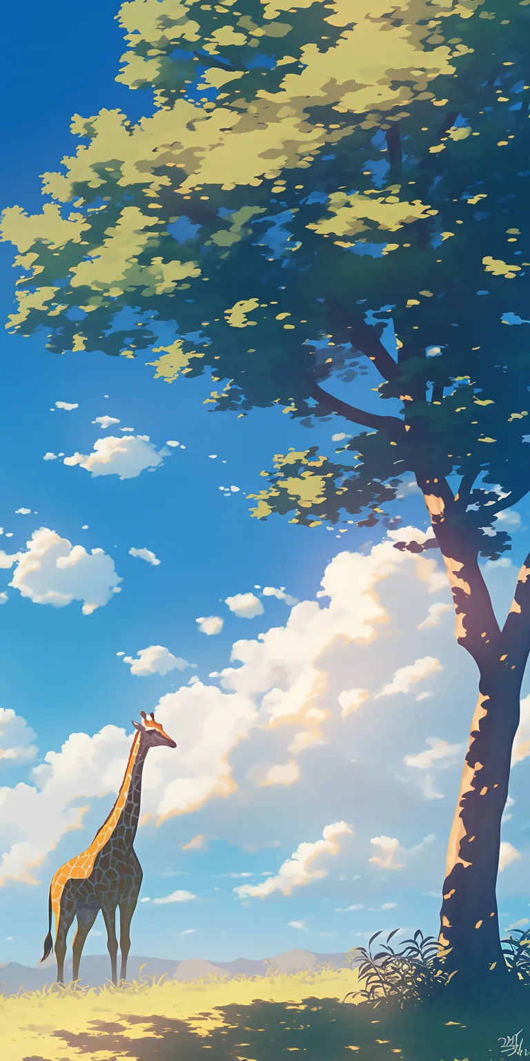 giraffe wallpaper ghibli, giraffe, sky, yuujinchou, yuru