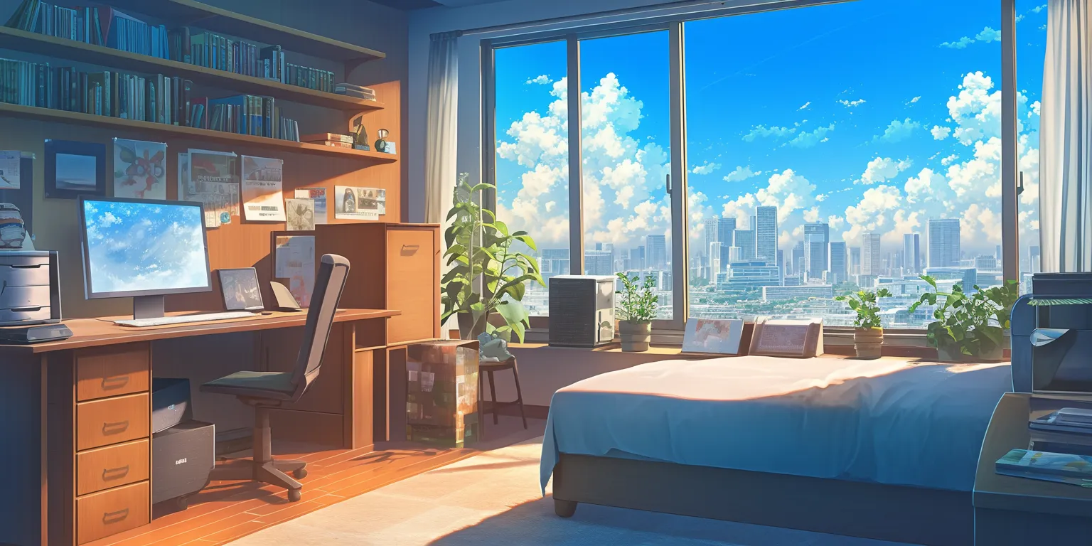 anime bedroom background room, bedroom, lofi, windows, ultrawide
