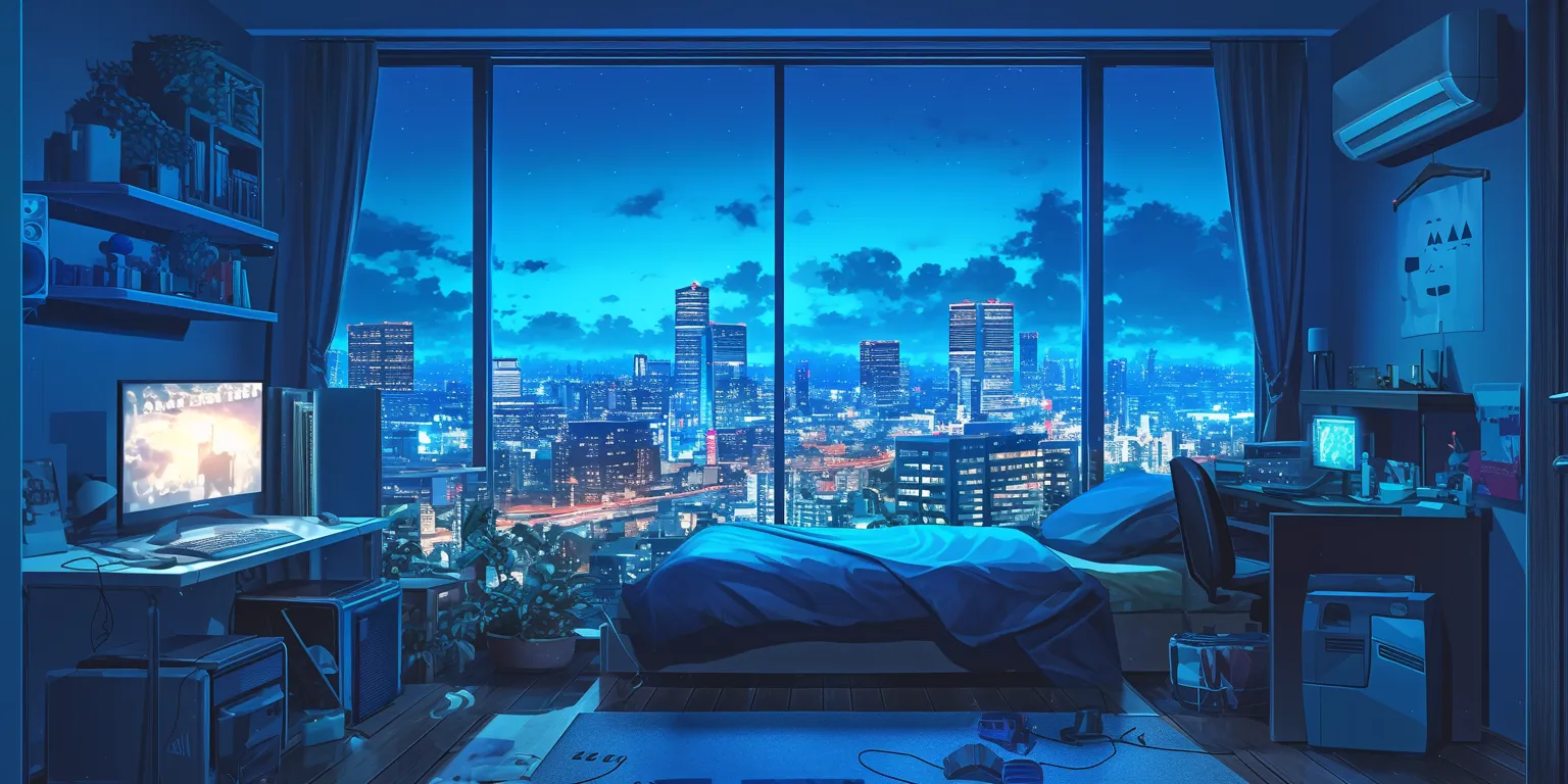 anime bedroom background room, bedroom, windows, tokyo, peaceful