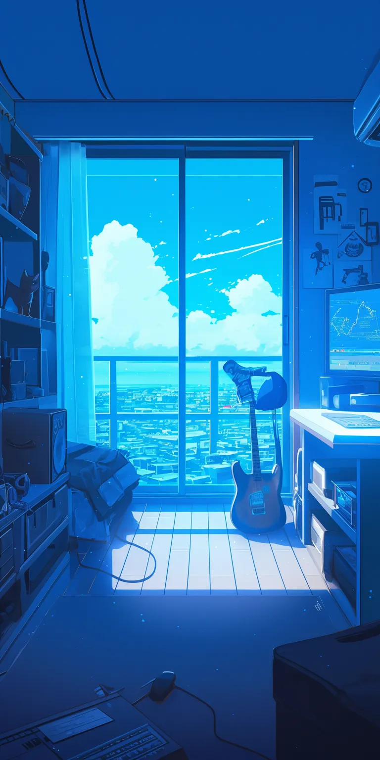 anime room background lofi, flcl, room, ocean, bedroom