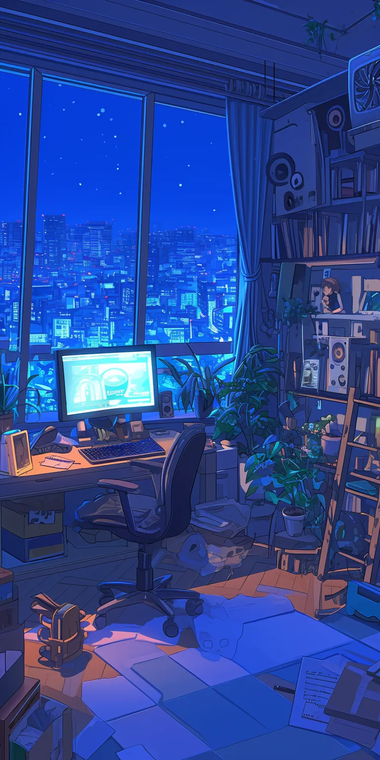 anime bedroom background lofi, windows, nook, room, office