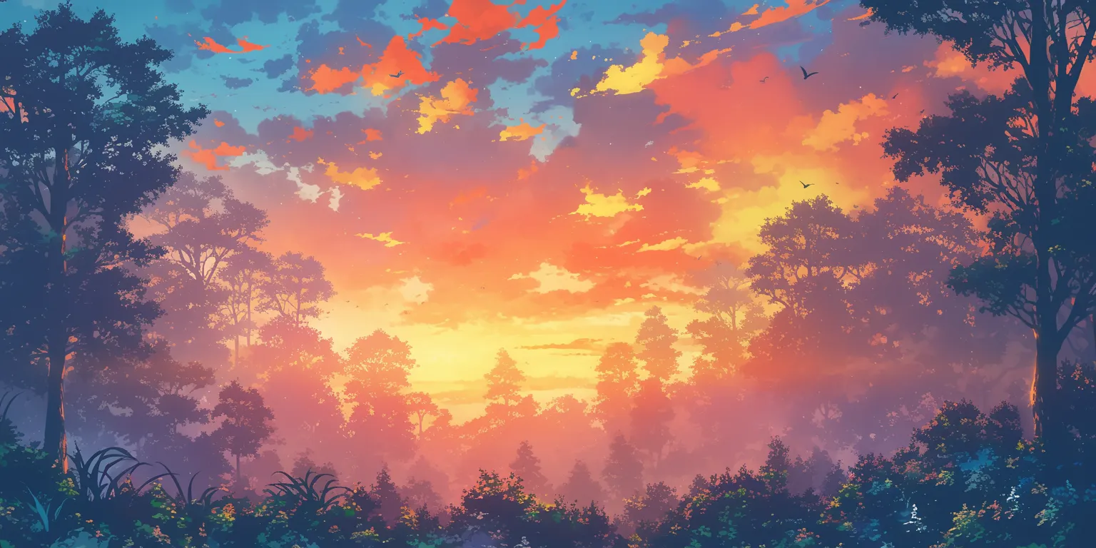 anime forest background mushishi, sunset, ghibli, scenery, evergarden