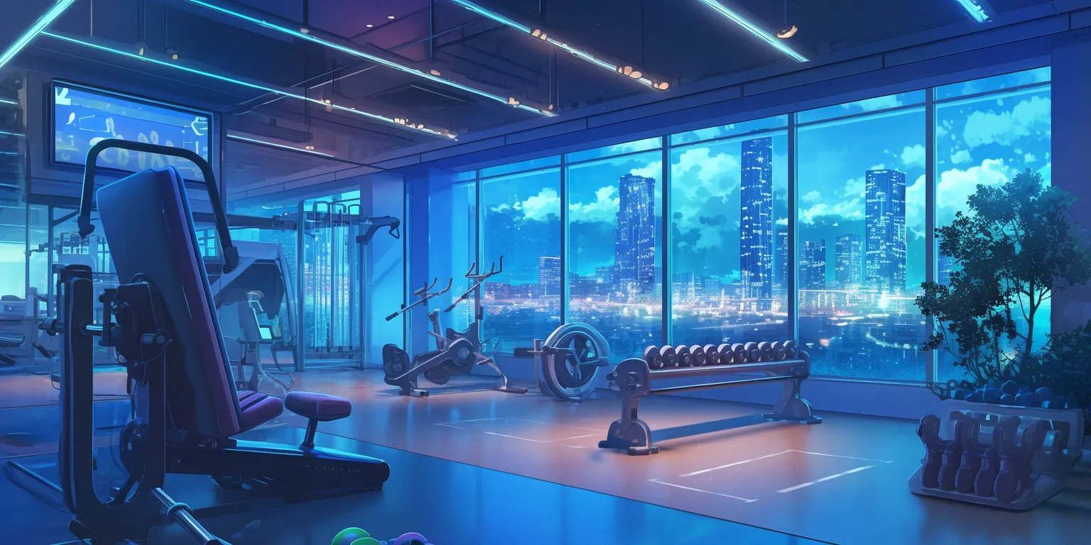 anime gym background gym, cyberpunk, 3440x1440, study, room