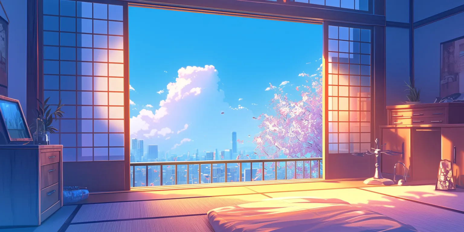 bedroom anime background backgrounds, windows, scenery, sunset, lofi