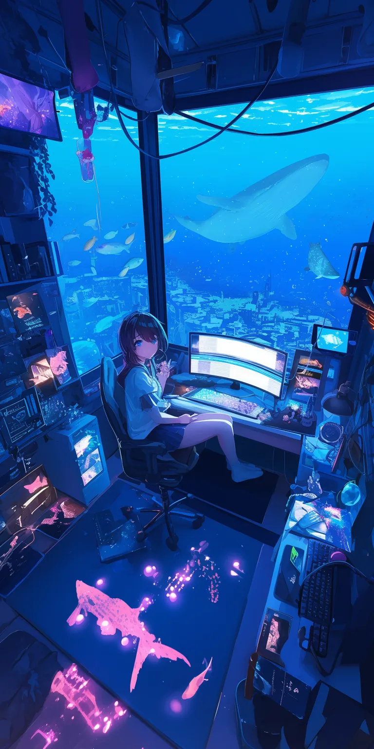 bedroom anime background ocean, computer, ghibli, lofi, haru