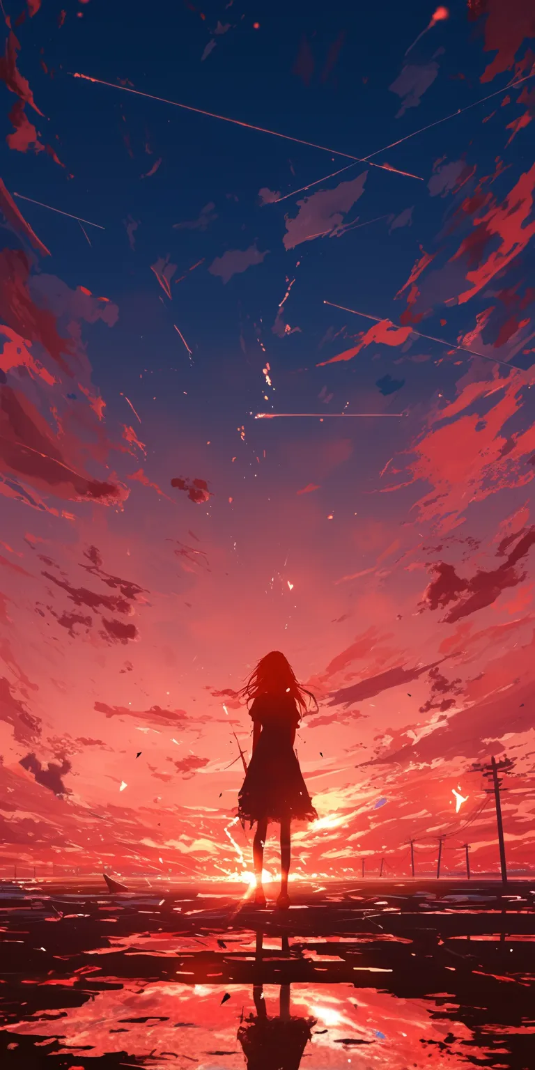 red anime wallpaper sky, sunset, flcl, franxx, lockscreen