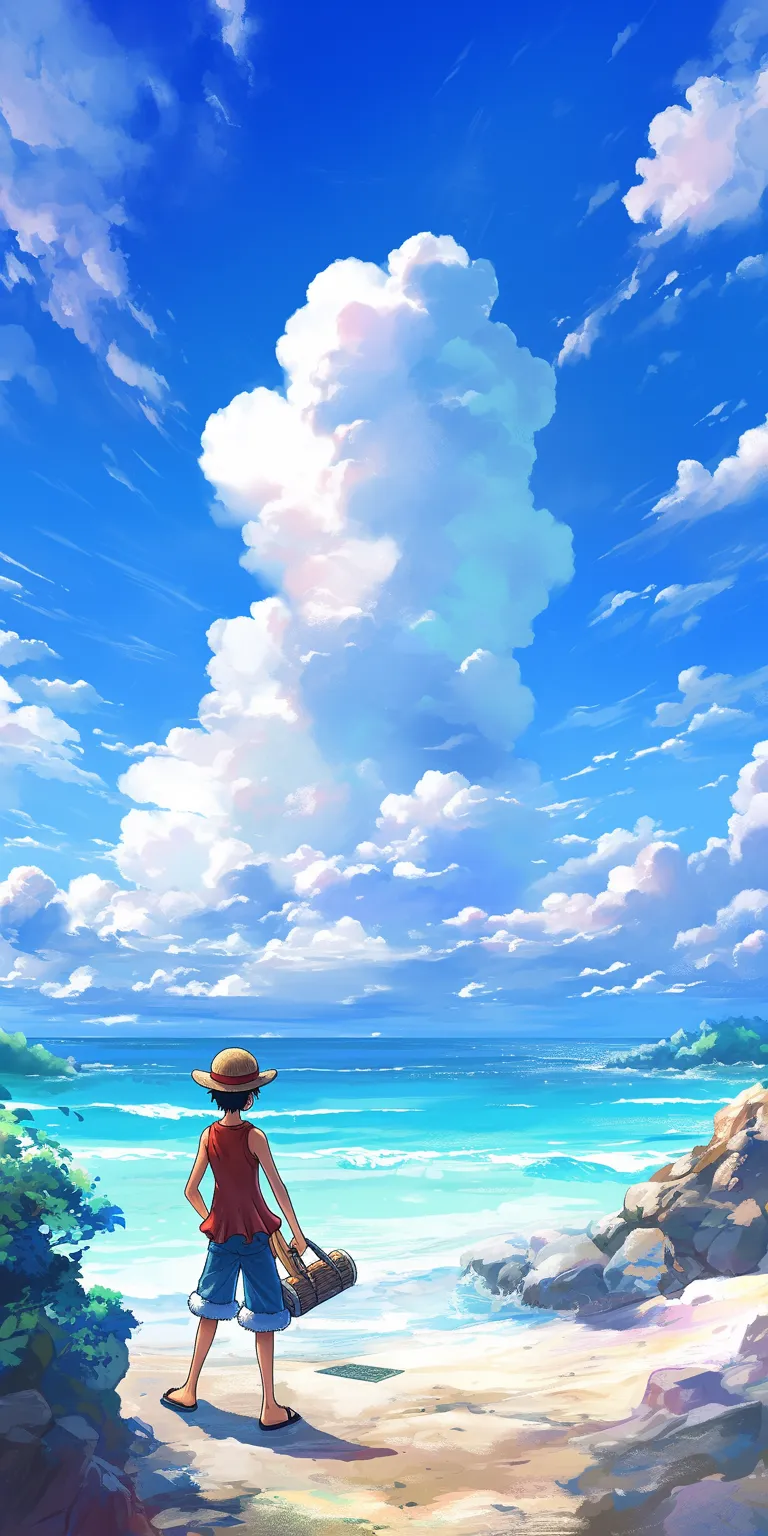 one piece background ocean, luffy, sky, background, ghibli