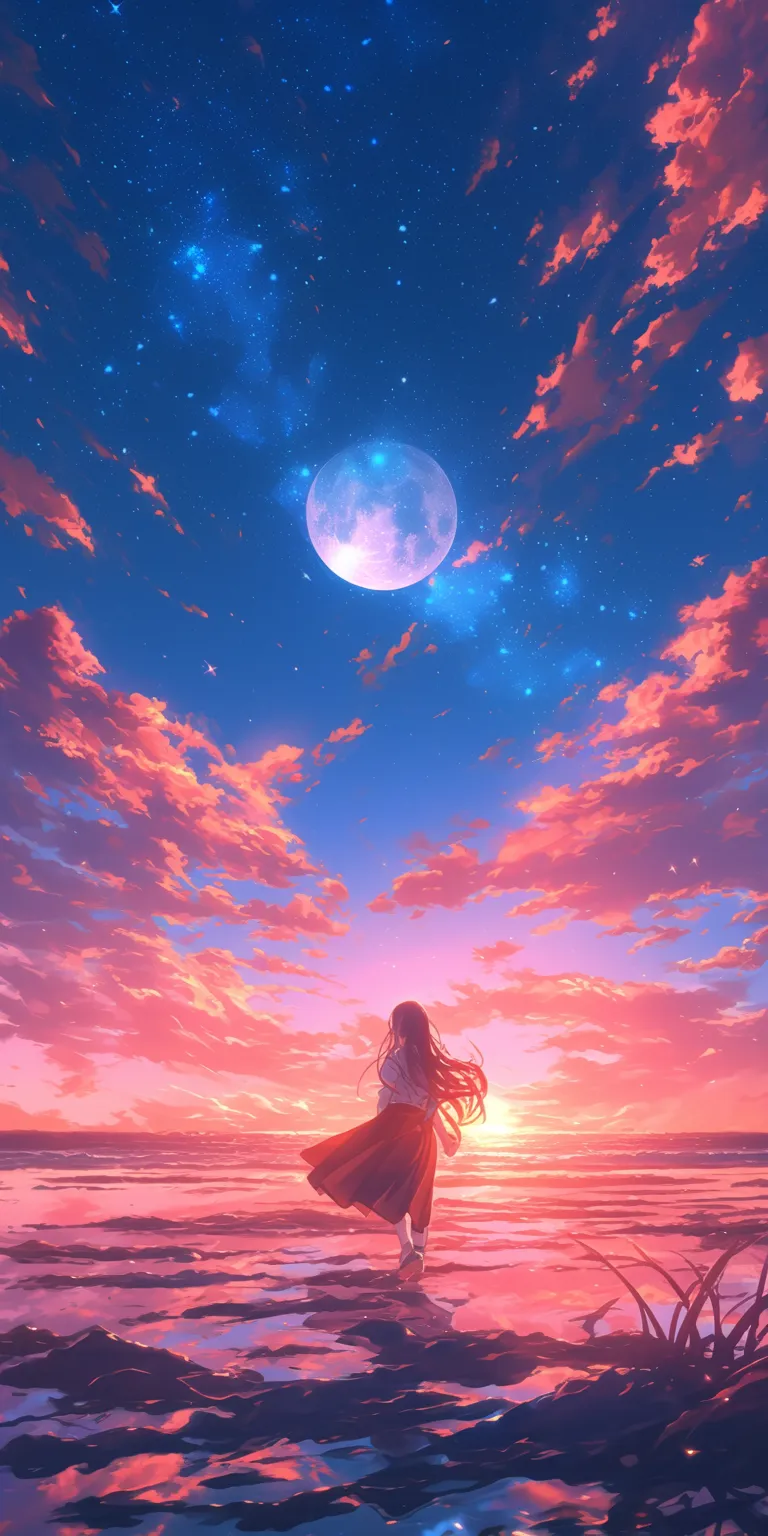 motion wallpapers sky, sunset, moon, ocean, bocchi
