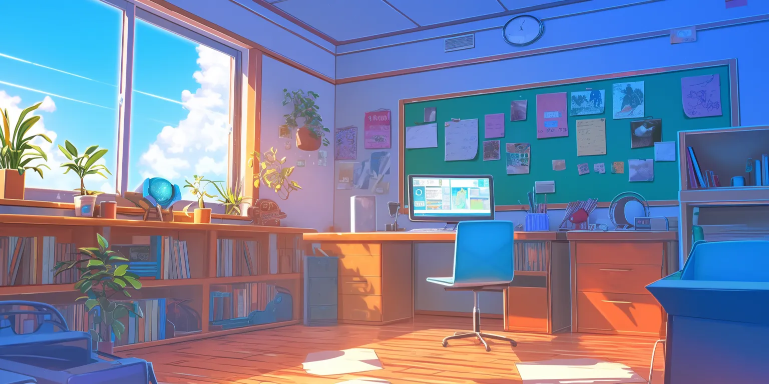 anime room background classroom, office, backgrounds, room, lofi