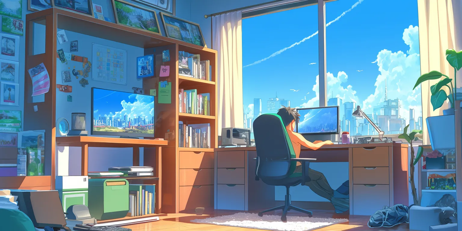anime room background classroom, lofi, computer, office, 3440x1440