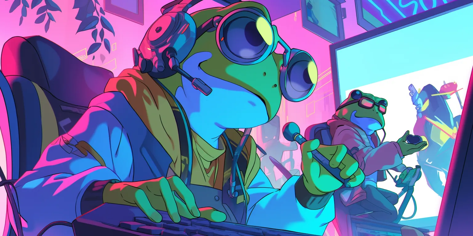 frog aesthetic wallpaper cyberpunk, vaporwave, 4d, bebop, neon