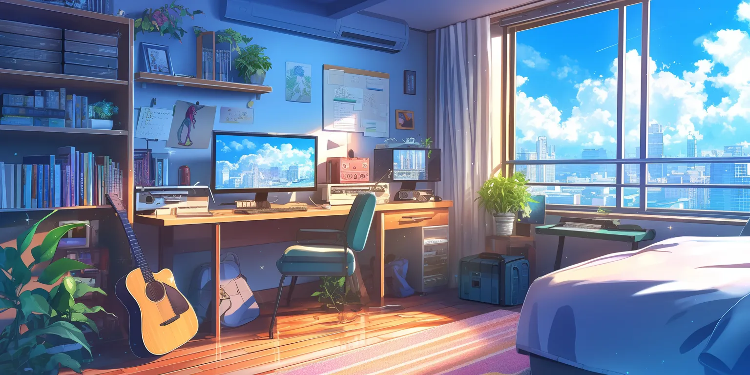 anime room background windows, room, lofi, classroom, computer