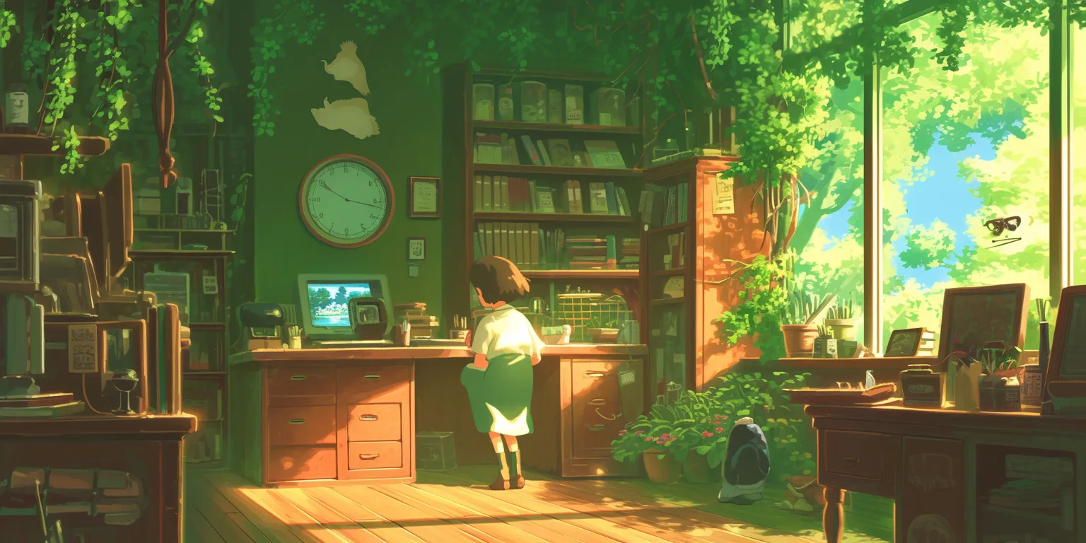 studio ghibli aesthetic wallpaper nook, ghibli, lofi, classroom, yotsuba