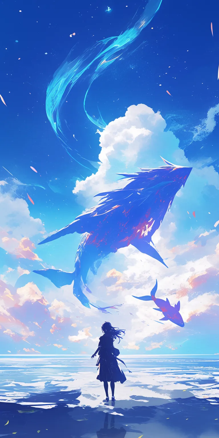 motion wallpapers whale, sky, ocean, ghibli, dragon
