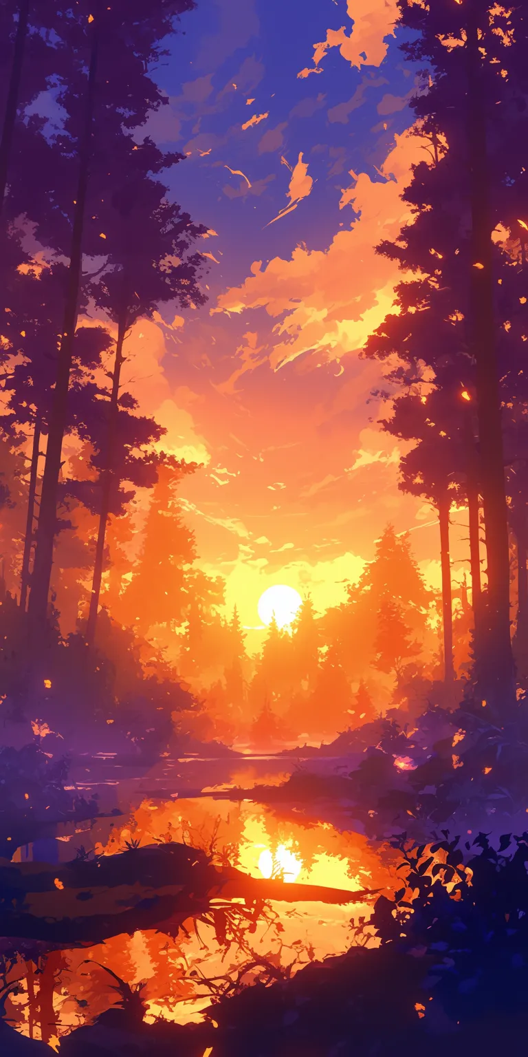 anime forest background sunset, lockscreen, forest, background, sun