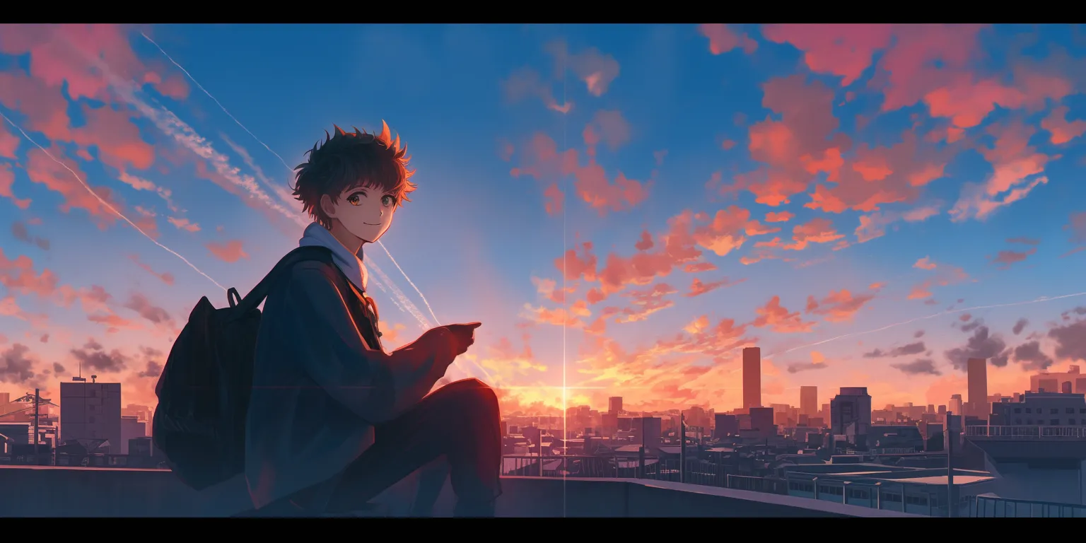 laptop anime wallpaper sunset, sky, haru, 3440x1440, lofi