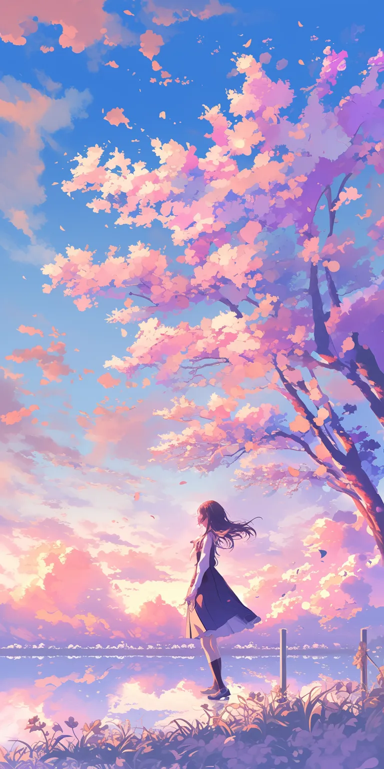 anime kawaii wallpaper sky, sakura, lockscreen, scenery, wonderland