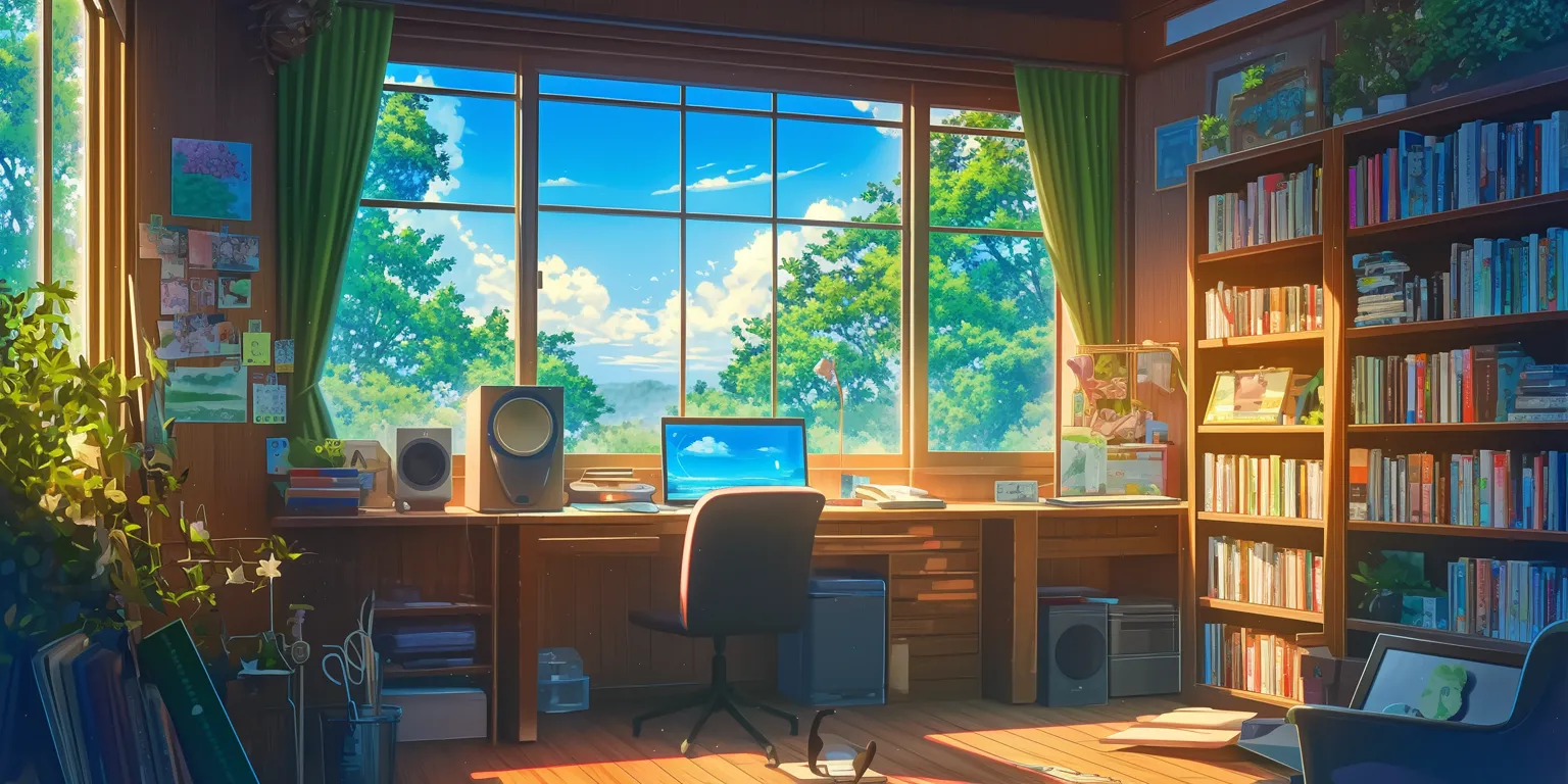 anime room background classroom, lofi, windows, ghibli, scenery