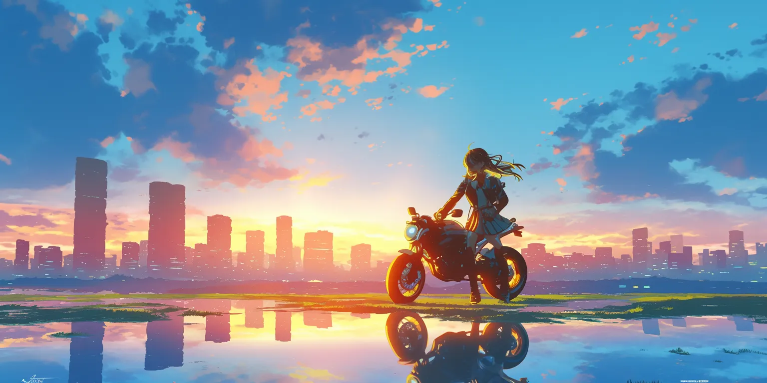 pc anime wallpaper flcl, ride, akira, 3440x1440, sunset
