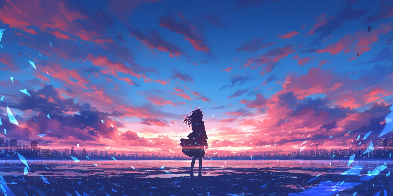 pc anime wallpaper sky, mirai, alone, sunset, ocean