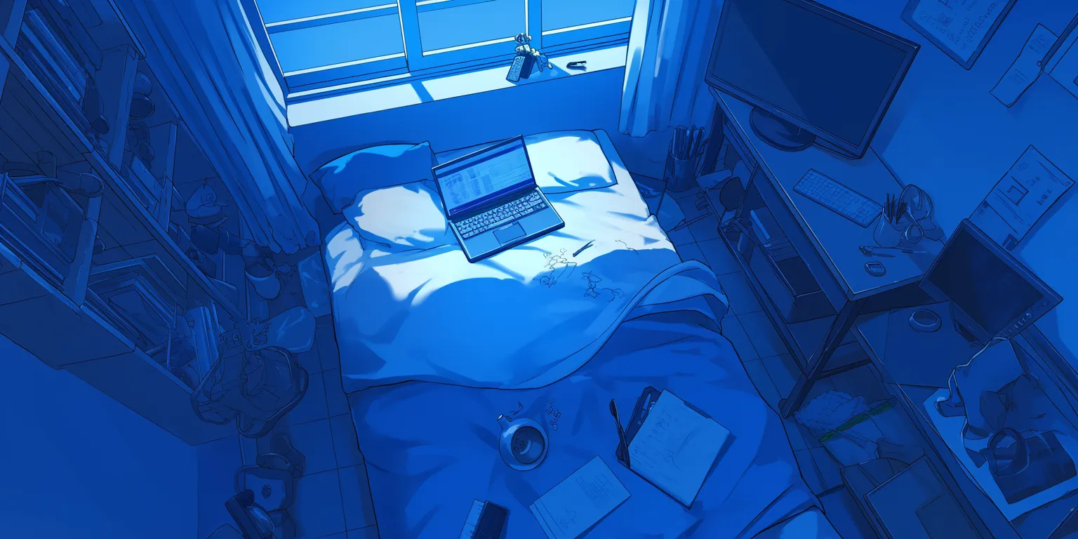 anime bed background room, bed, lofi, bedroom, computer