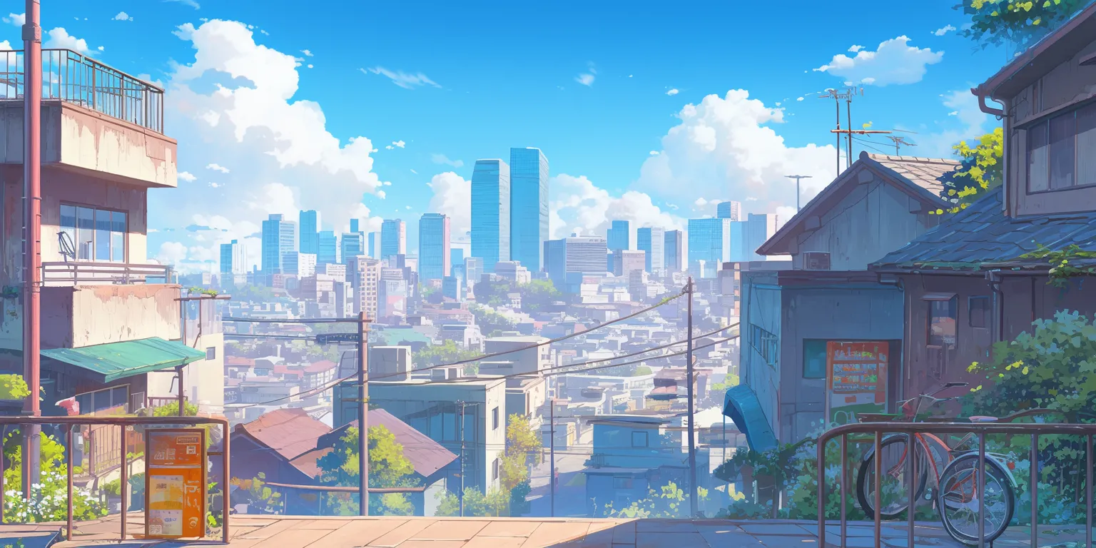 anime city background 3440x1440, flcl, juuzou, lofi, scenery