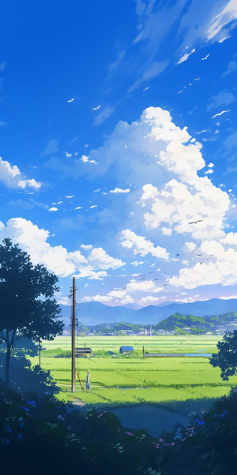 anime scenery background yuru, ghibli, scenery, sky, 3440x1440